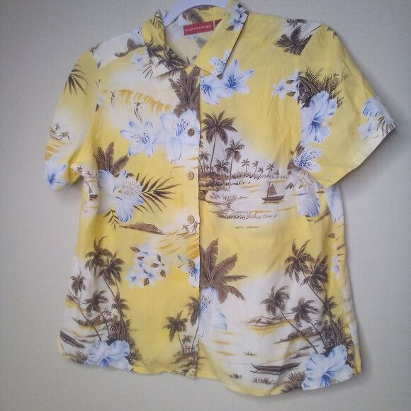 Gloria Vanderbilt Shirt Blouse S Button Short Sleeve Tropical Beach Yellow Brown - Picture 2 of 15